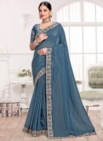 Currency Silk Aqua Blue Wedding Wear Embroidery Work Saree